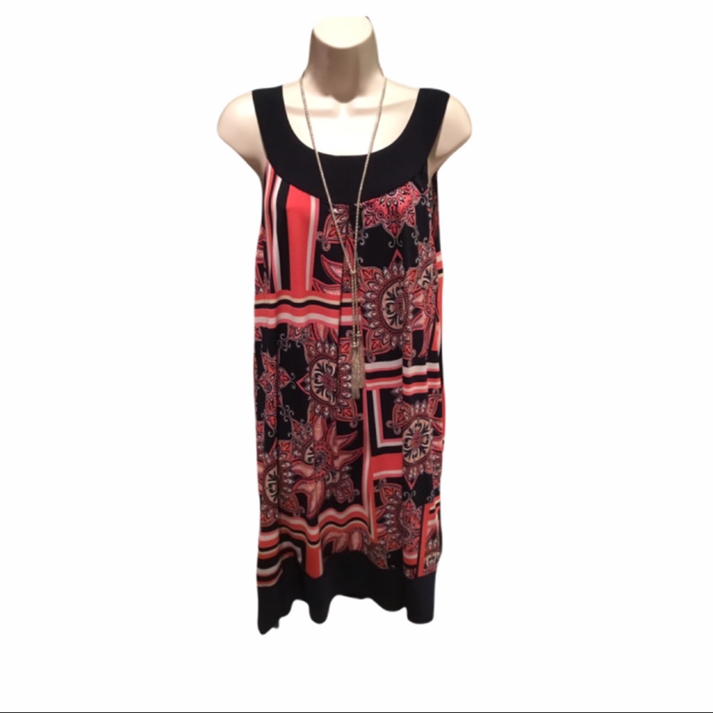 NWT coral and black polyester dress. Sz. 12
